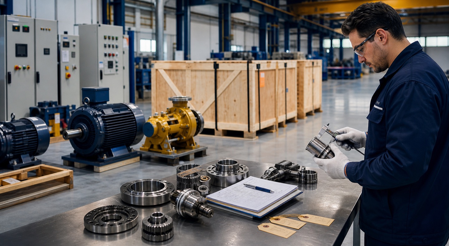 Industrial equipment and precision parts being inspected before export packing