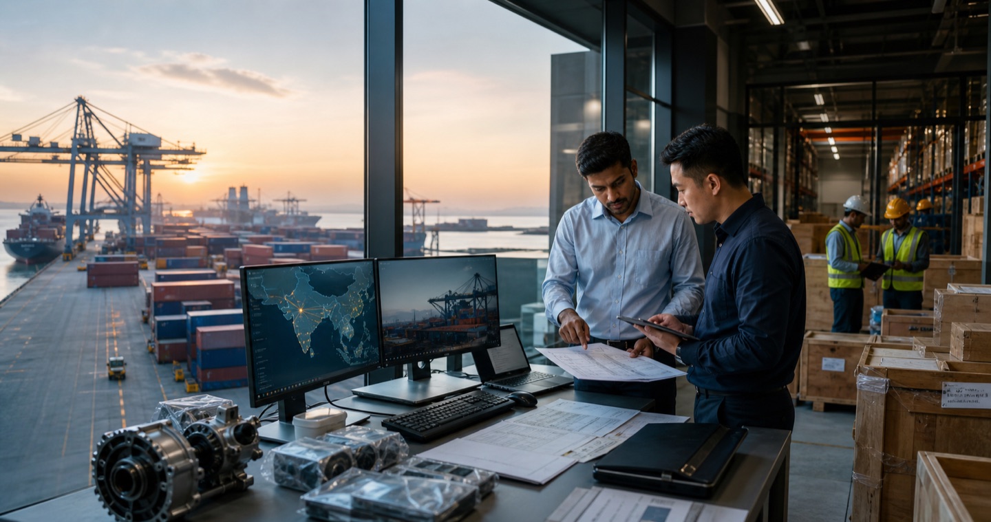 Osian Global procurement specialists reviewing shipment documents beside a port and export warehouse